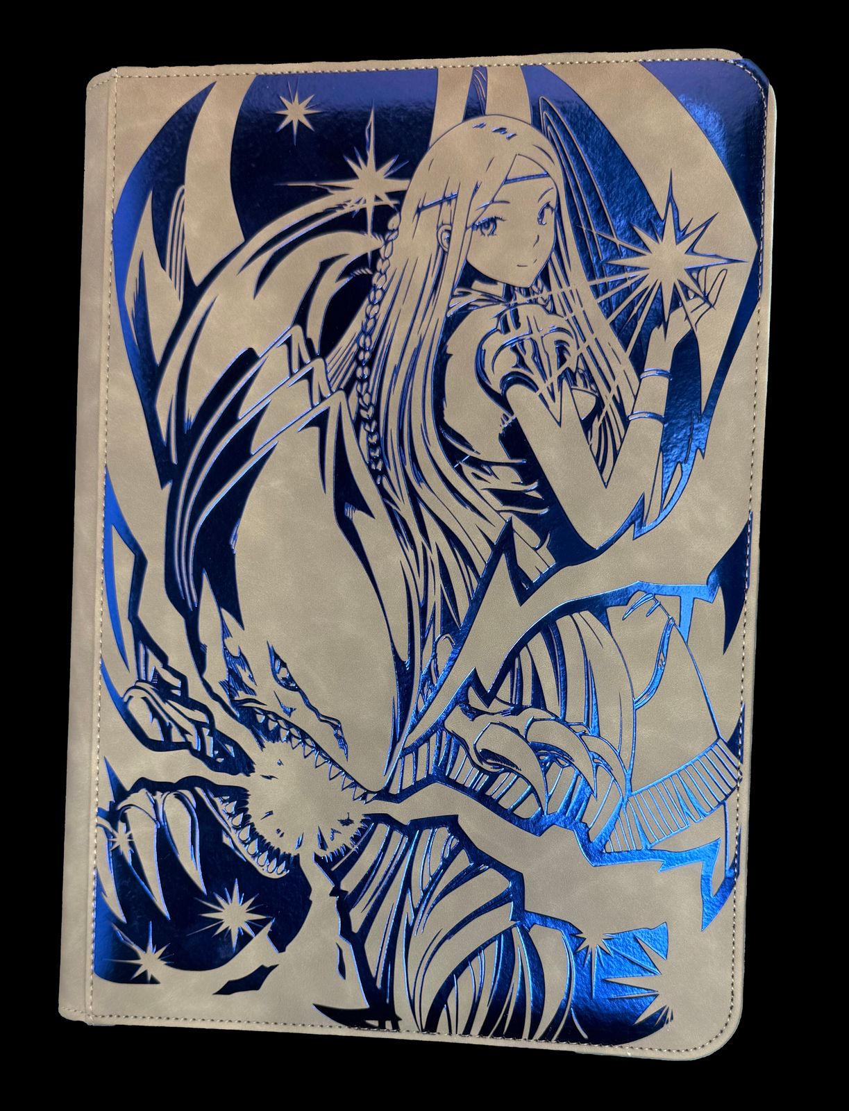 a blue and white drawing of a woman holding a star