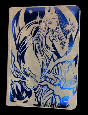 a blue and white drawing of a woman holding a star