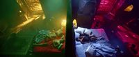 a person laying on a bed in a room