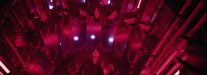 a large room with a lot of red lights