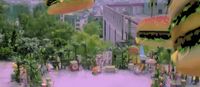 a digital painting of a city street filled with food