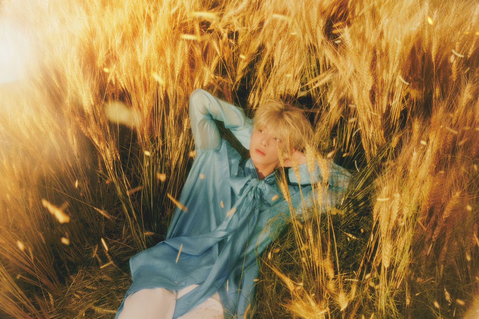 a woman laying in a field of tall grass