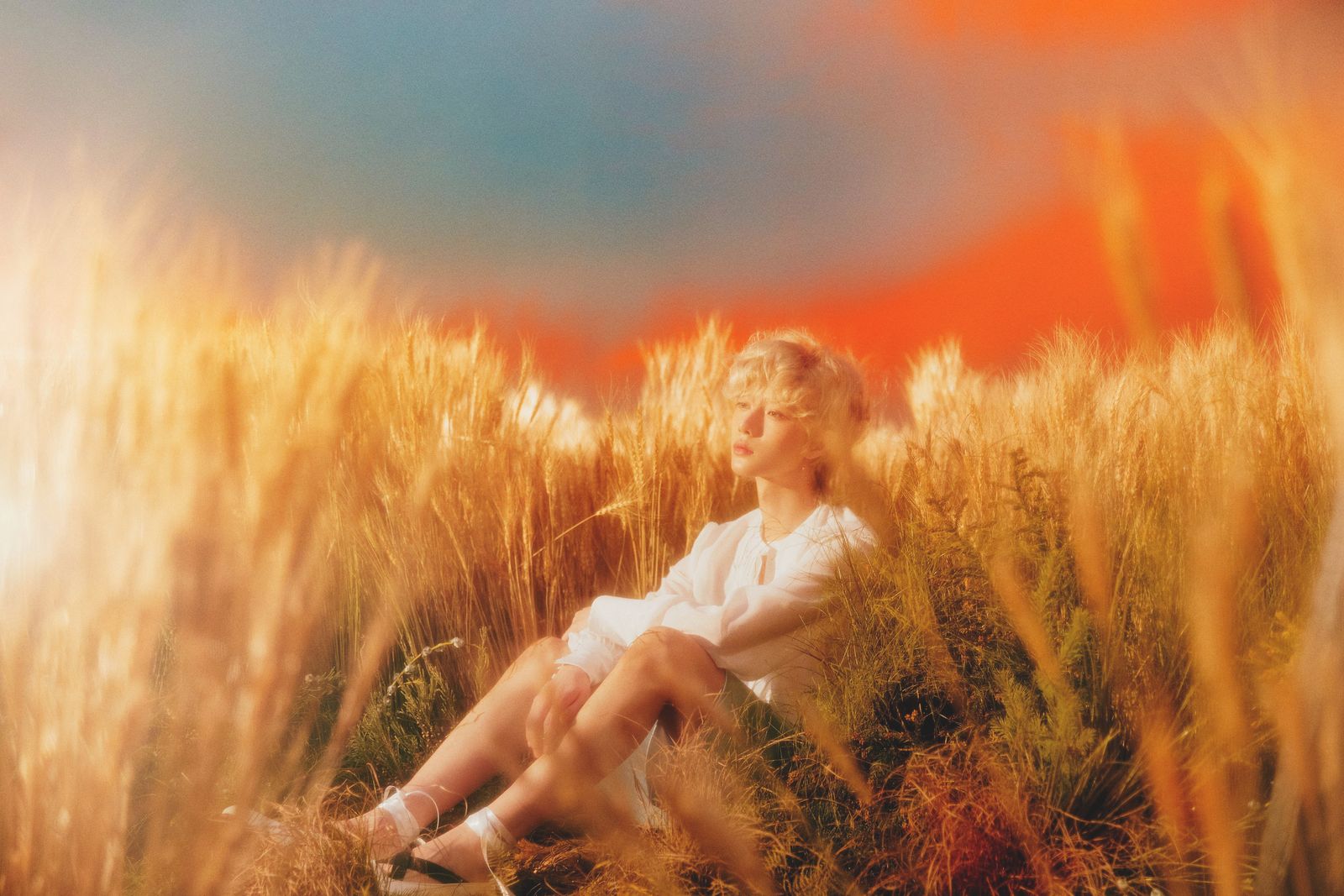 a woman sitting in a field of tall grass