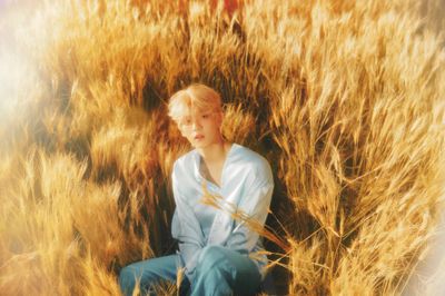 a woman sitting in a field of wheat