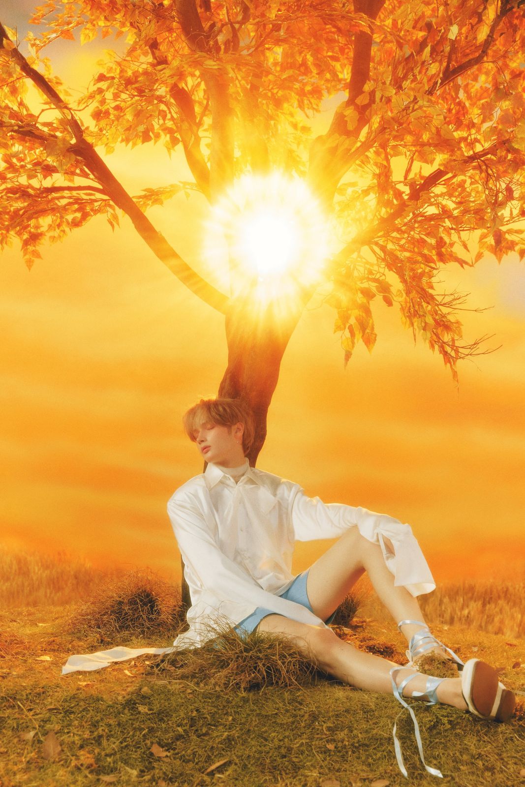 a young man sitting under a tree in a field