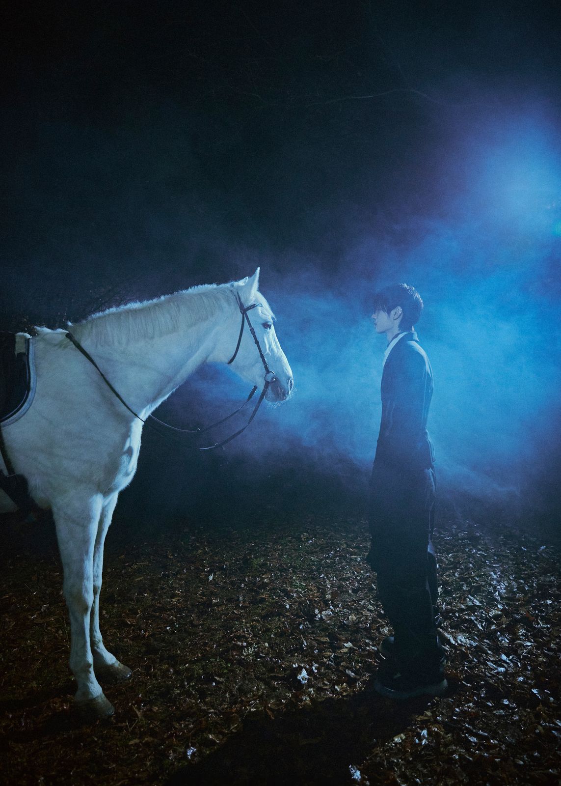 a man standing next to a white horse