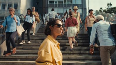 a group of people walking down a flight of stairs