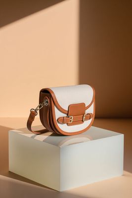 a white and brown purse sitting on top of a white box