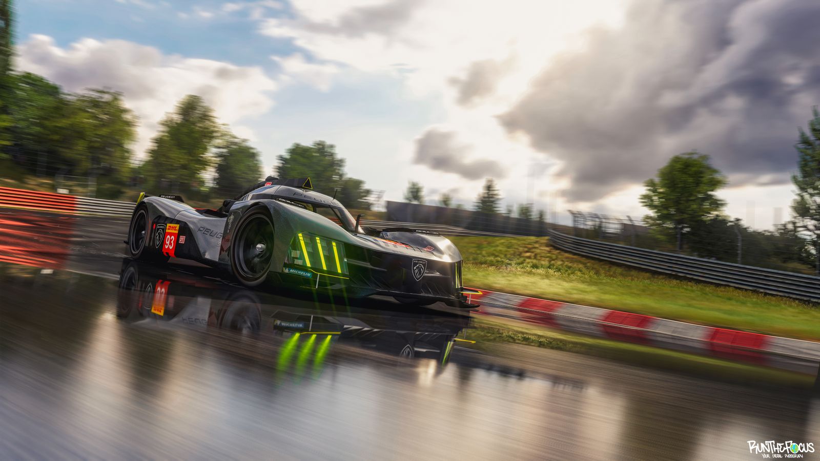 a green race car driving down a wet road