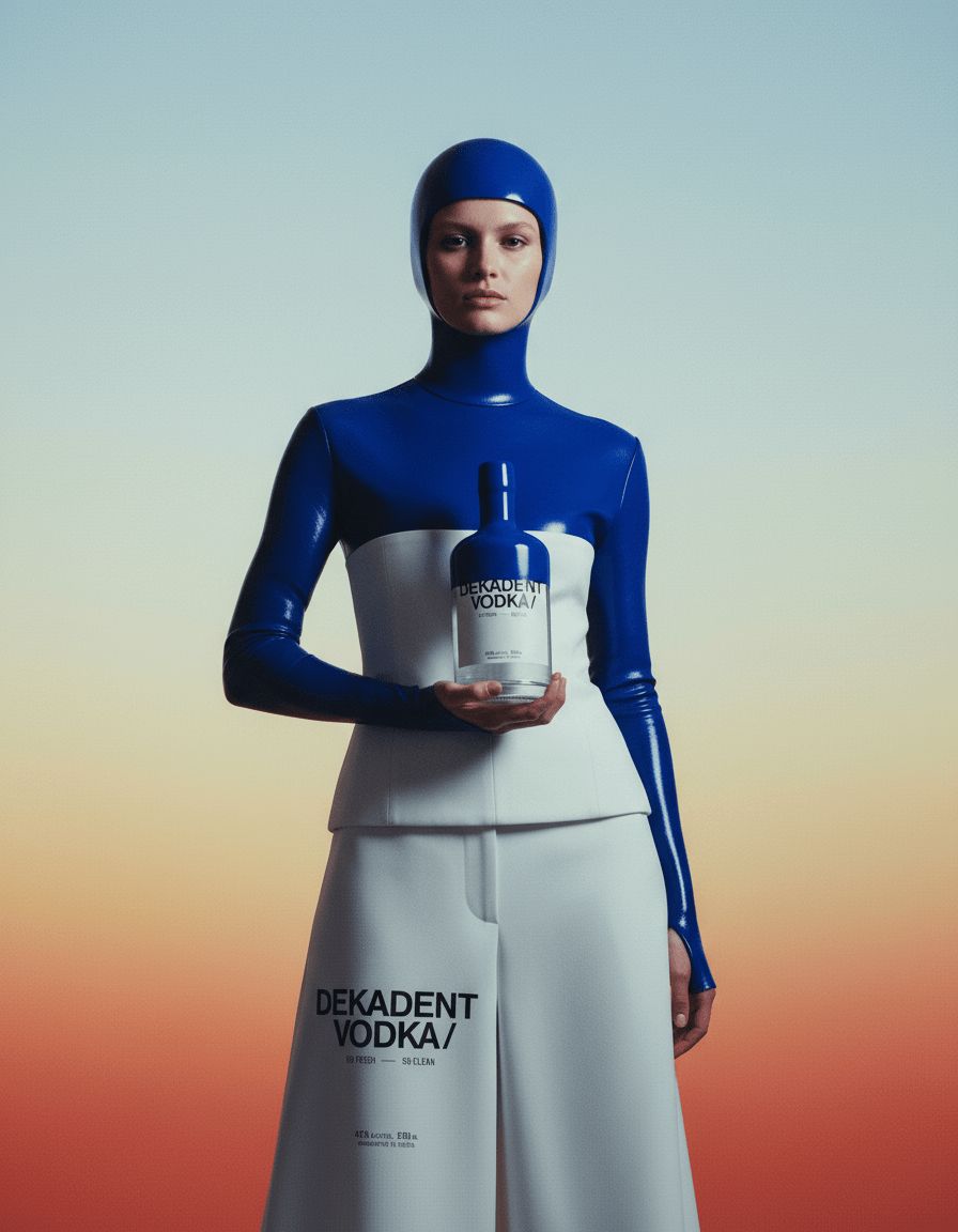a woman in a blue and white outfit holding a bottle of vodka