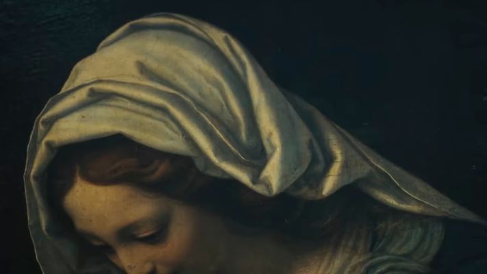 a close up of a painting of a woman