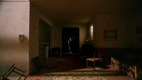 a living room with a rug and a chair