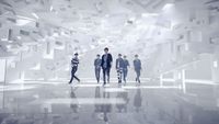 a group of people walking through a white room