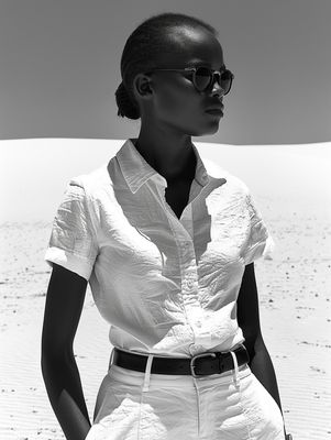 a woman standing in the middle of a desert