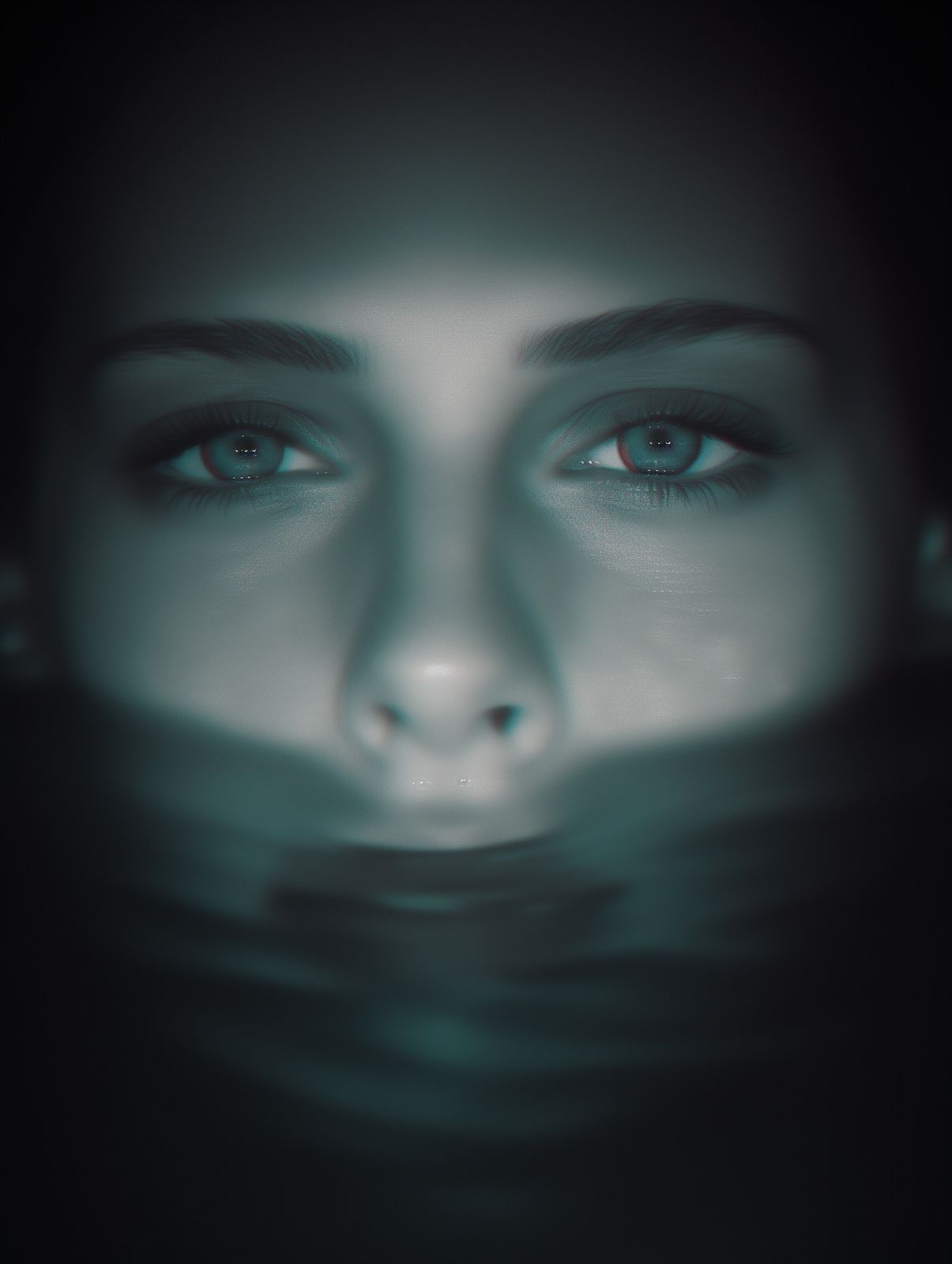 a woman's face with blue eyes in the dark