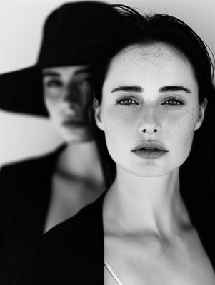 a black and white photo of a woman with freckled hair