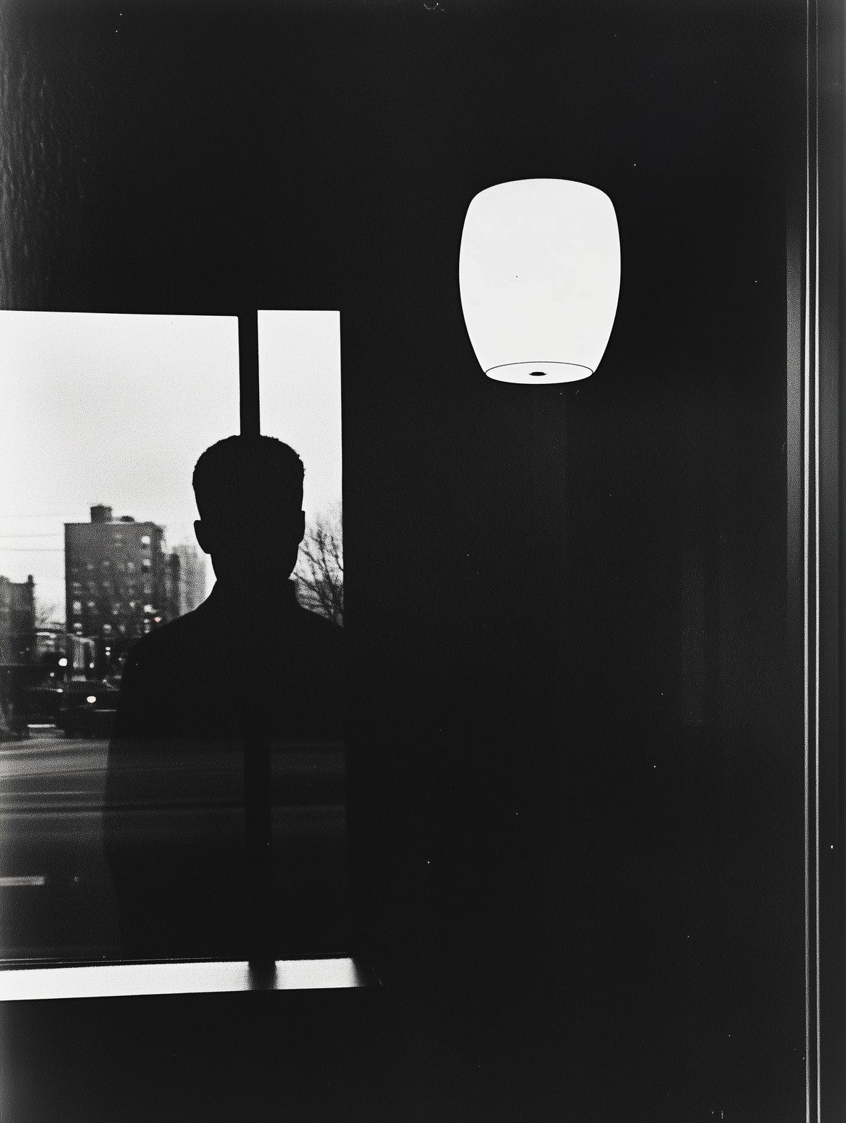 a black and white photo of a man looking out a window