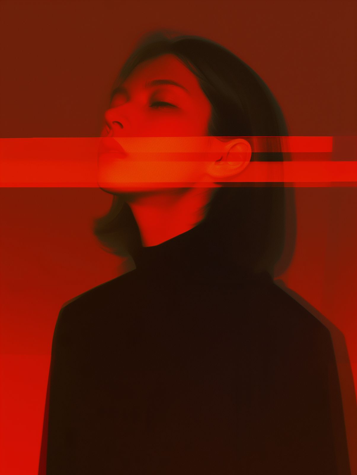 a woman with her eyes closed standing in front of a red background