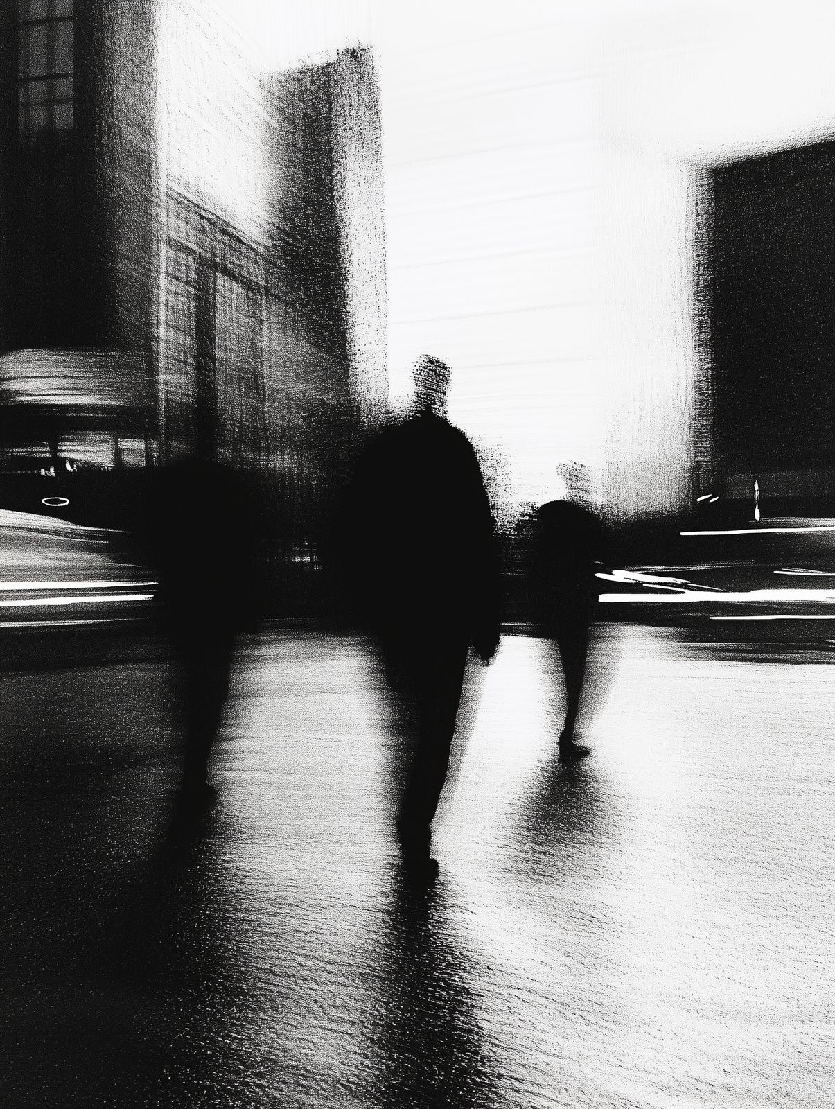 a black and white photo of people walking in the rain