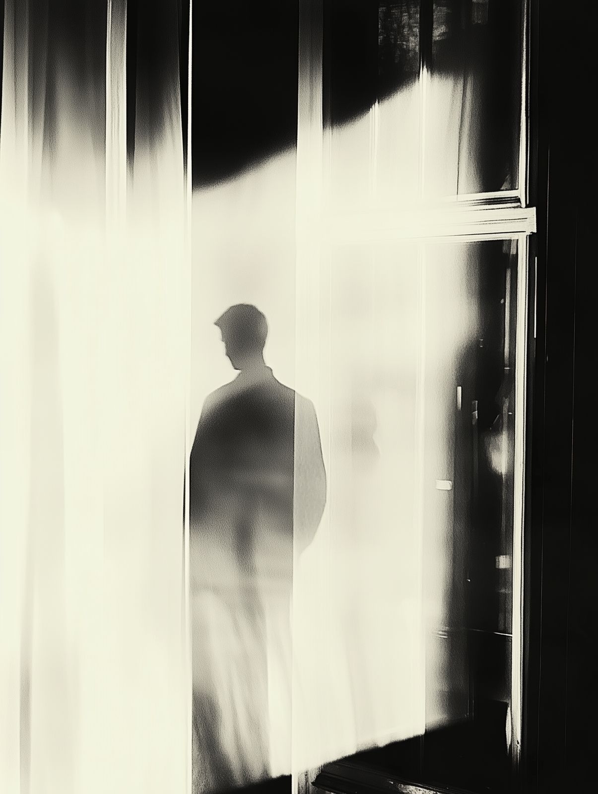 a black and white photo of a man standing in front of a window