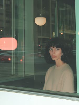 a woman is looking out of a window