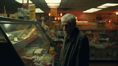 a man standing in front of a display of food