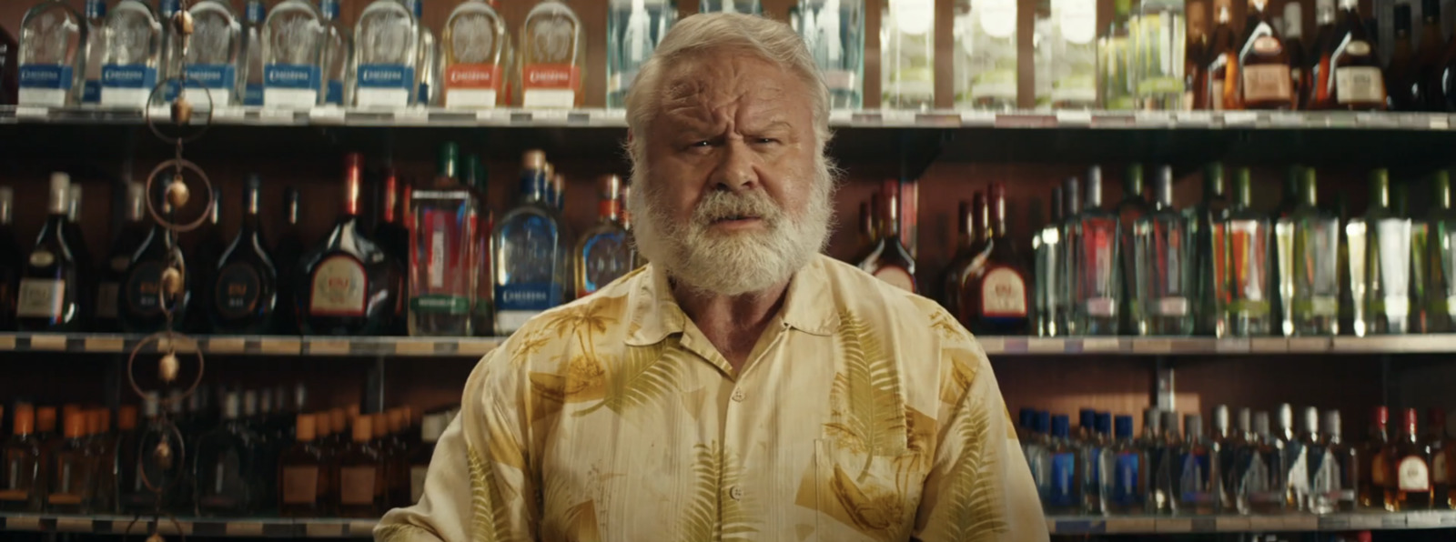 a man with a white beard standing in front of a shelf of liquor bottles