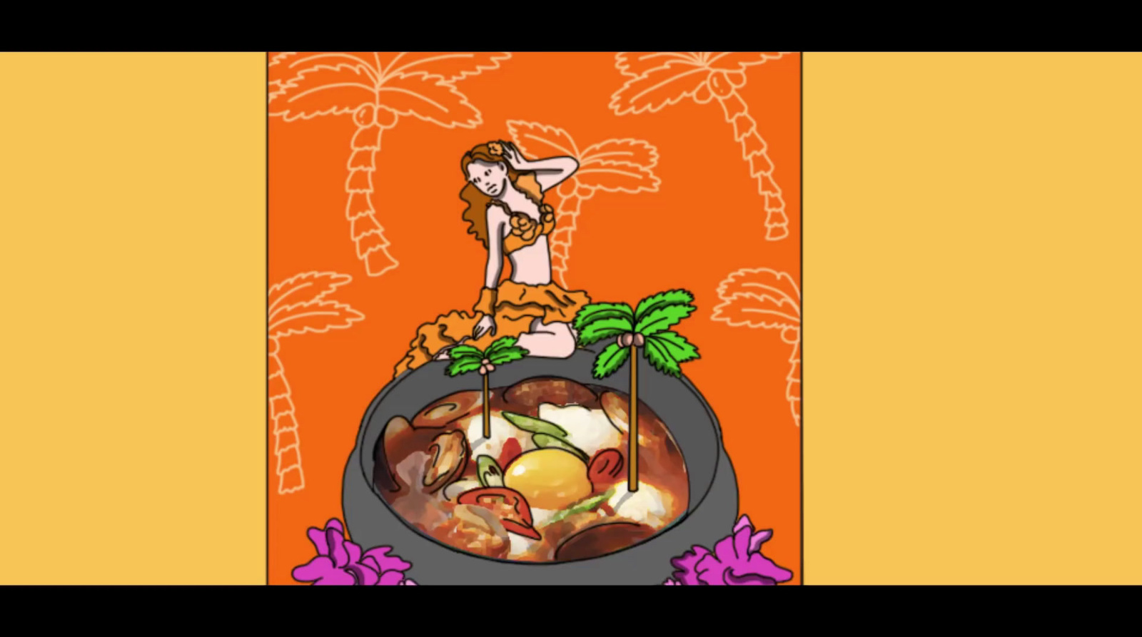 a picture of a woman sitting on top of a bowl of food