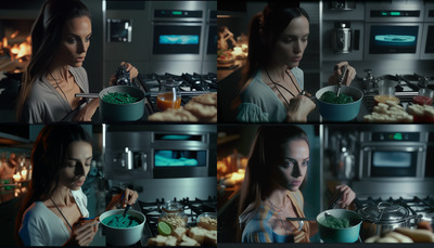 a woman in a kitchen preparing food in a bowl