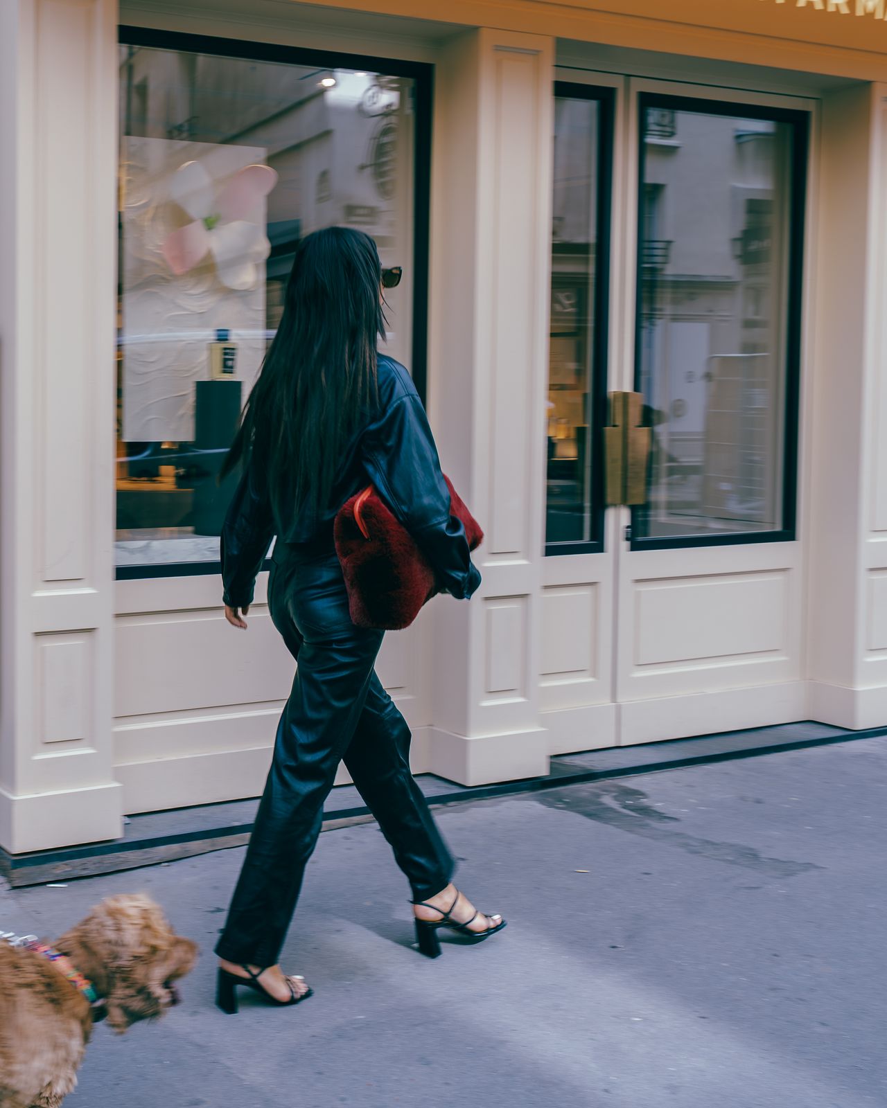 a woman walking her dog down the street