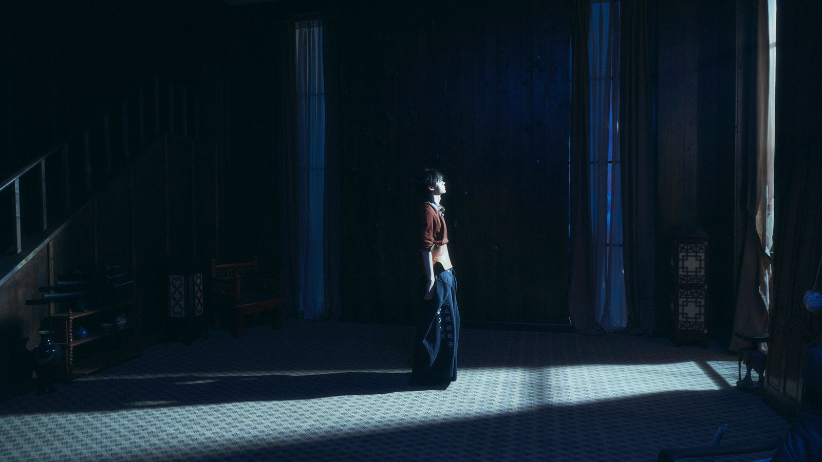 a person standing in a dark room with a suitcase