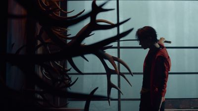 a person standing in front of a window with antlers