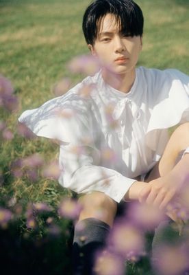 a young man sitting in a field of purple flowers