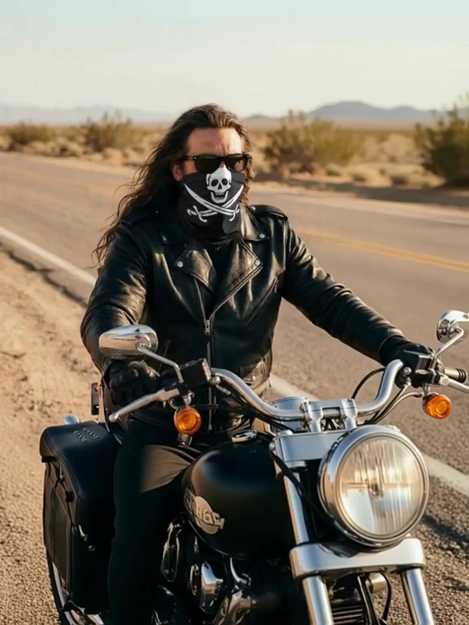 a man wearing a skull mask riding a motorcycle