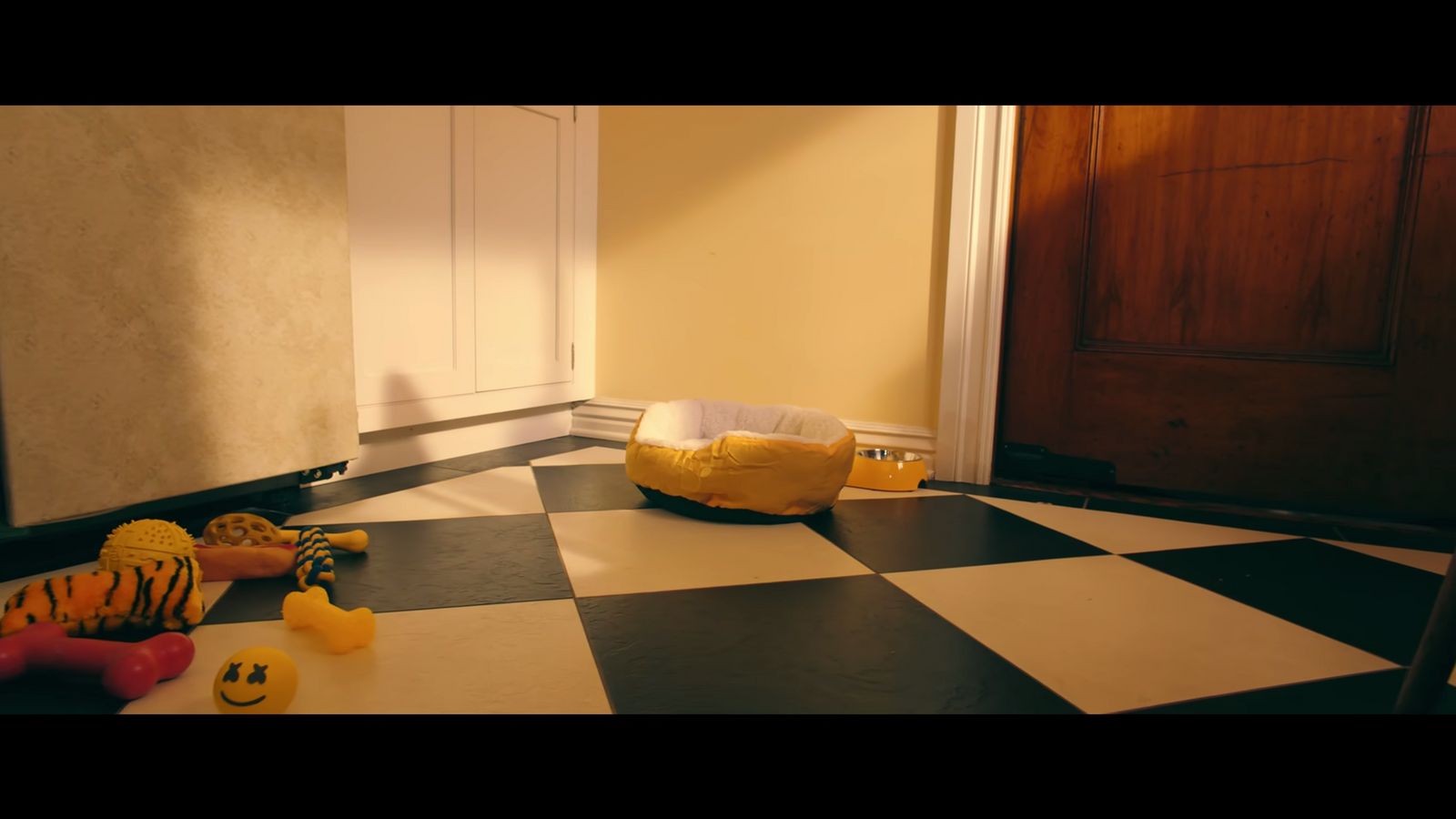 a room with a black and white checkered floor