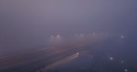 a foggy street with street lights on a foggy day