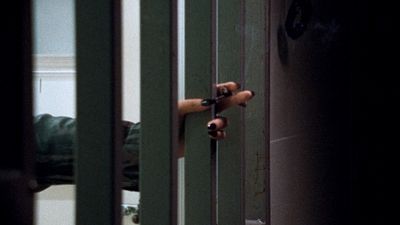 a person holding a door handle on a green door