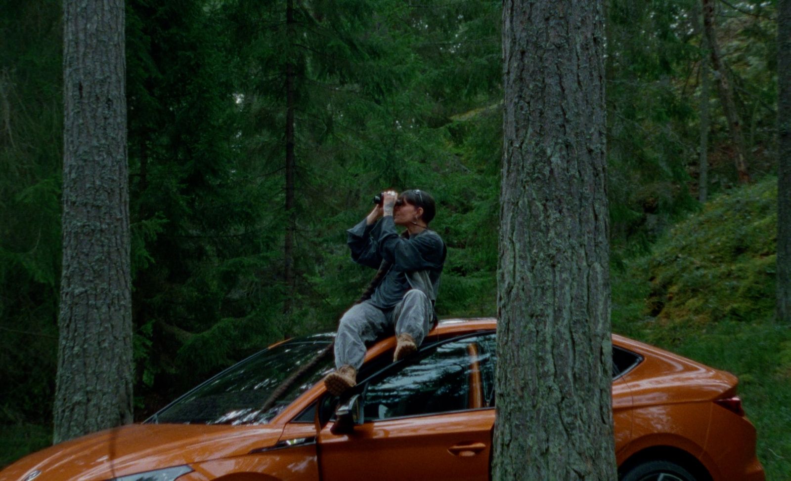 a man sitting on top of a car in the woods