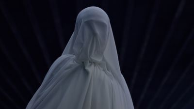 a woman in a white dress with a veil on her head