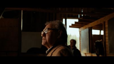 a man wearing glasses standing in a barn