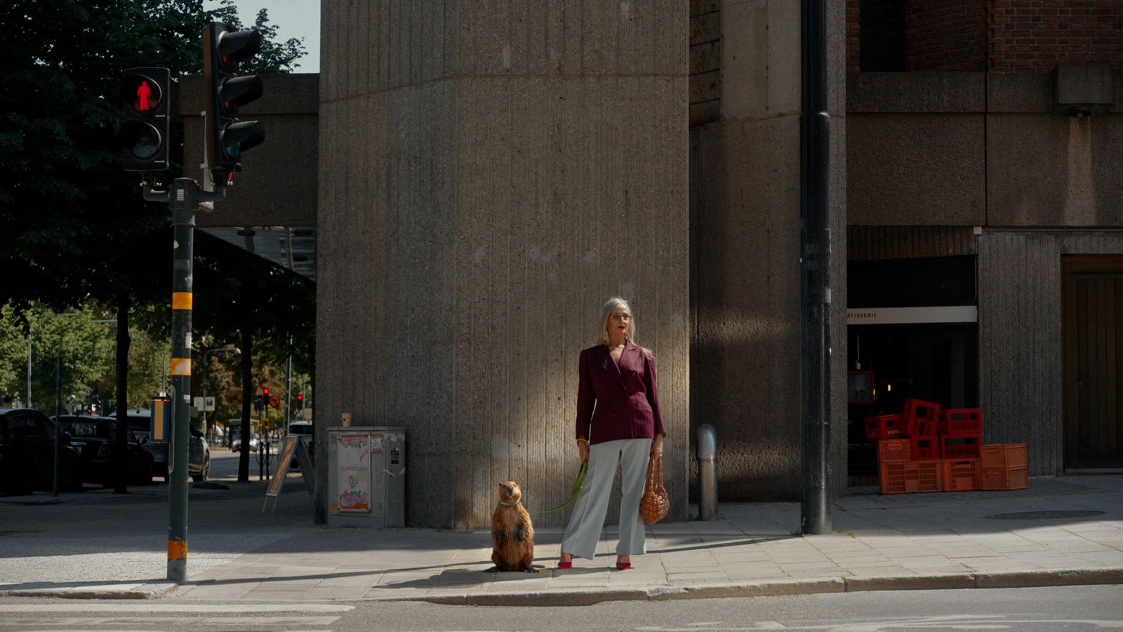 a woman is walking her dog down the street