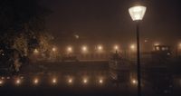 a foggy night with a street light and a body of water