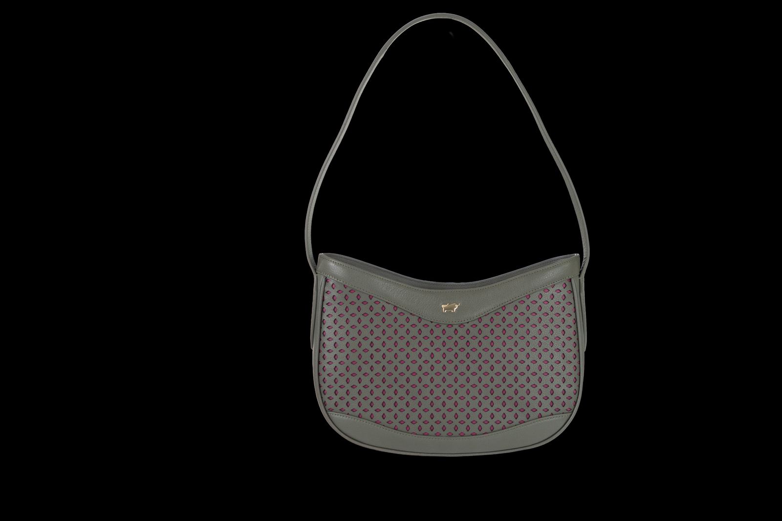 a gray and pink purse on a black background