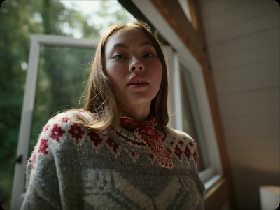  a woman standing in front of a window wearing a sweater