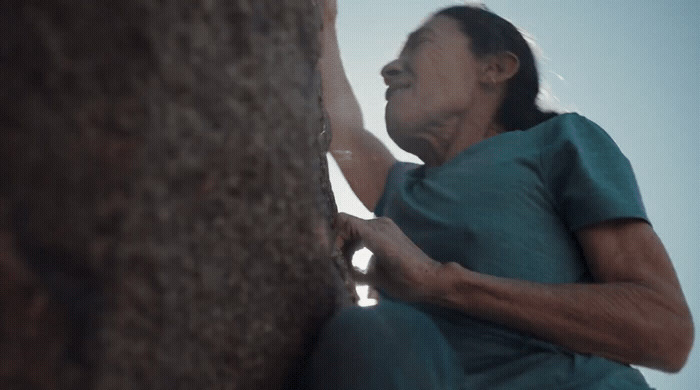 a woman climbing up the side of a tree