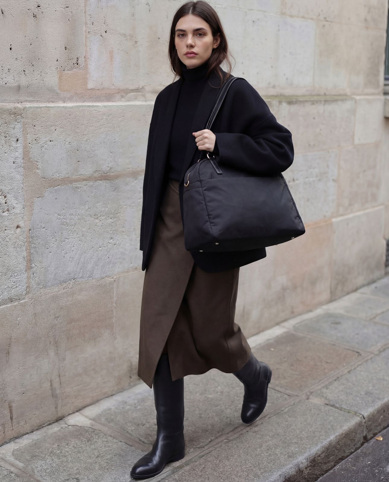 a woman walking down the street carrying a black bag