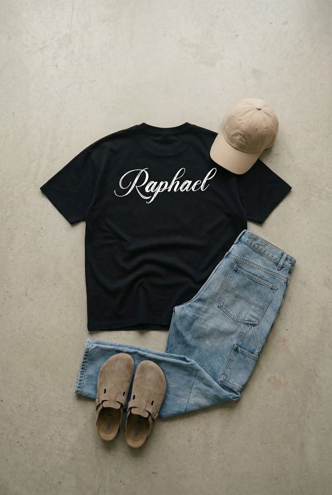 a t - shirt, jeans, and hat are laid out on the floor