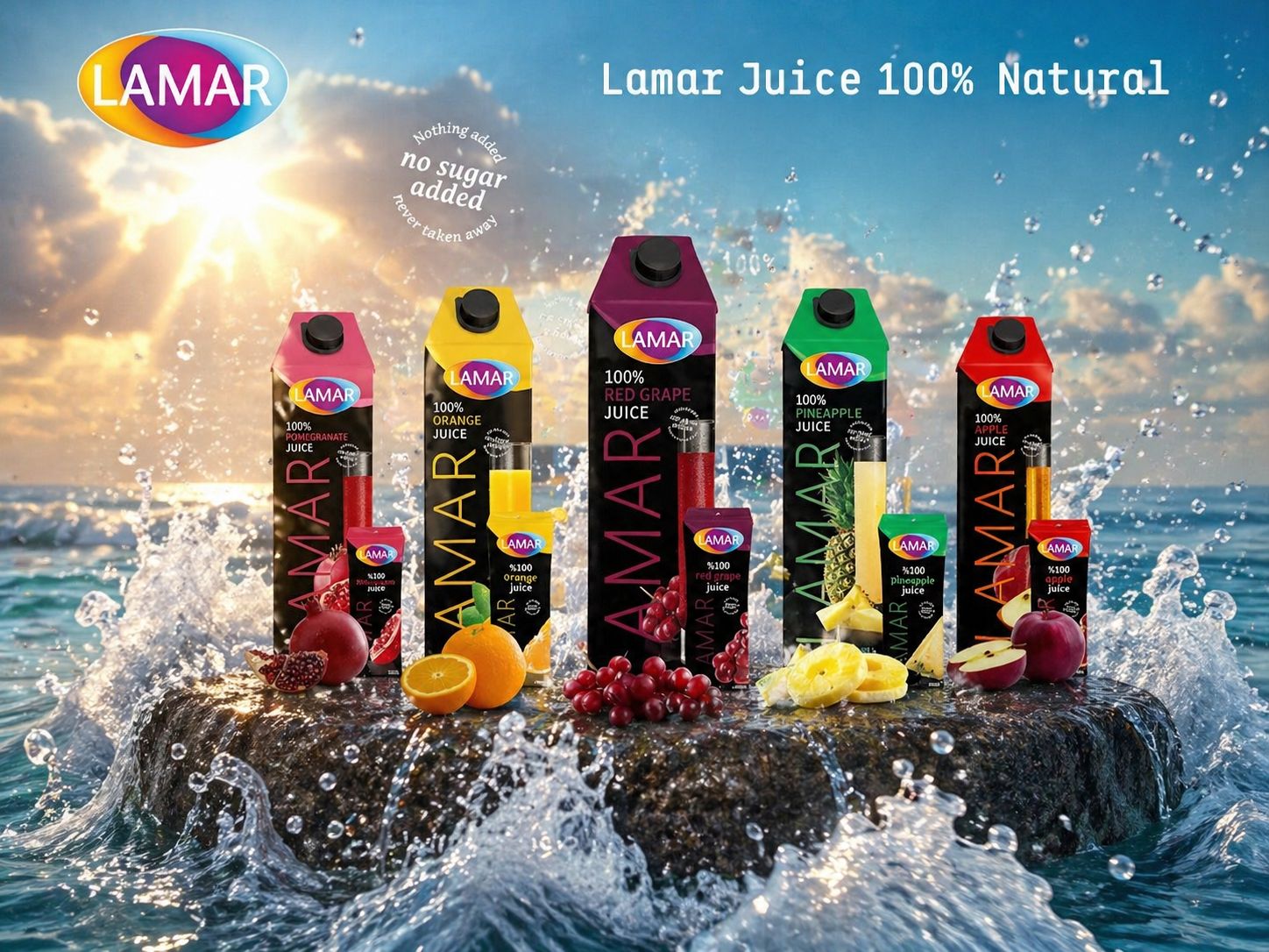 a group of juices sitting on top of a rock