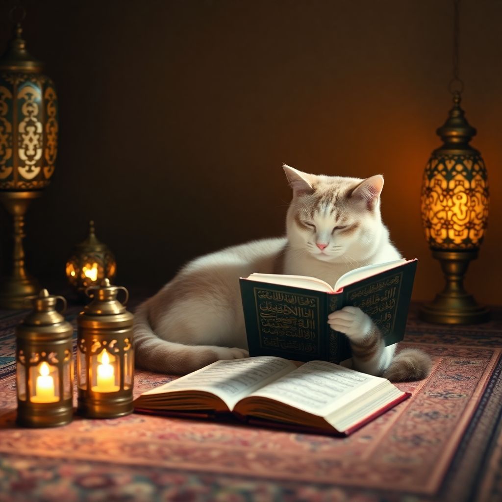 a white cat laying on top of a rug reading a book