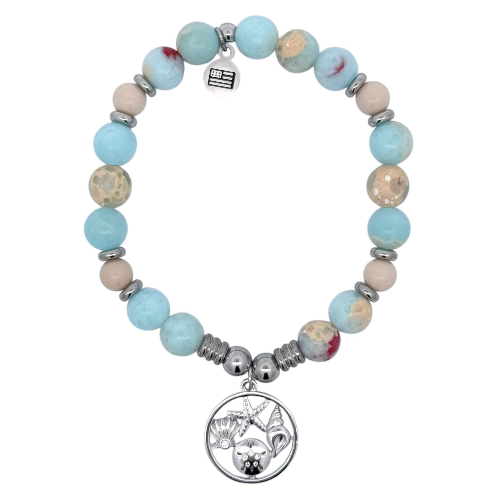 a bracelet with a silver charm and a blue beaded bracelet